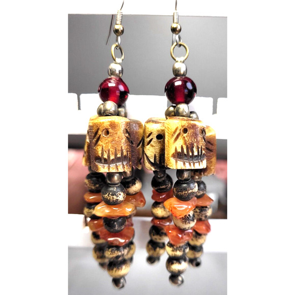 Ethnic Earrings Native Carved Skull Mala Tribal Agate Chips Dangle Boho Goth 4" - Picture 2 of 7